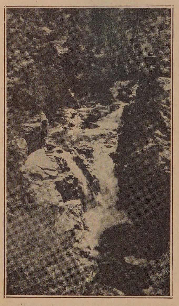 Llewellyn Falls in 1934 — a tall cascade dropping through dark rock; halftone photograph by E. L. Macaulay.